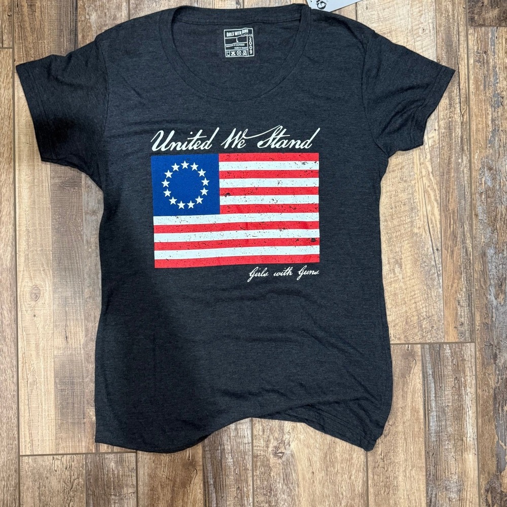 Girls With Guns Womens Betsy Ross Flag Tee Charcoal United We Stand Shirt L NEW